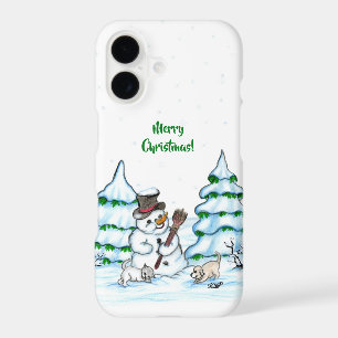 Merry Christmas! Snowman with Cat and Puppy