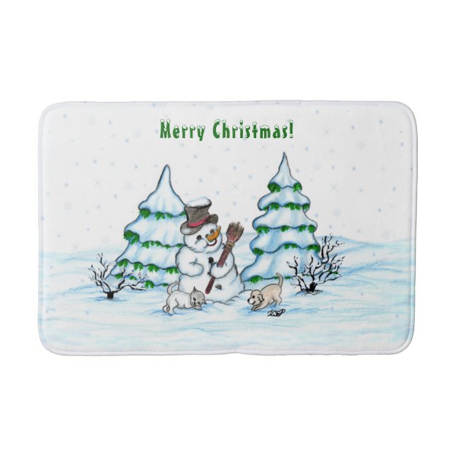 Merry Christmas! Snowman with Cat and Puppy Bath Mat (Front)