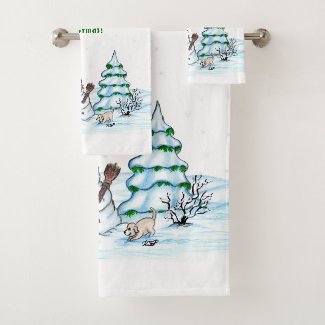 Merry Christmas! Snowman with Cat and Puppy Bath Towel Set (Insitu)