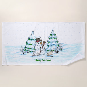 Merry Christmas! Snowman with Cat and Puppy Beach Towel