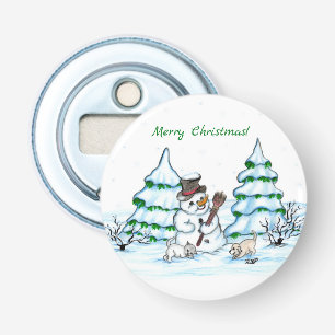Merry Christmas! Snowman with Cat and Puppy Bottle Opener
