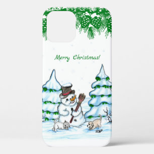 Merry Christmas! Snowman with Cat and Puppy iPhone 12 Case