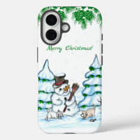 Merry Christmas! Snowman with Cat and Puppy