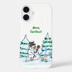Merry Christmas! Snowman with Cat and Puppy iPhone 16 Case