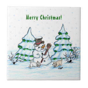 Merry Christmas! Snowman with Cat and Puppy Ceramic Tile