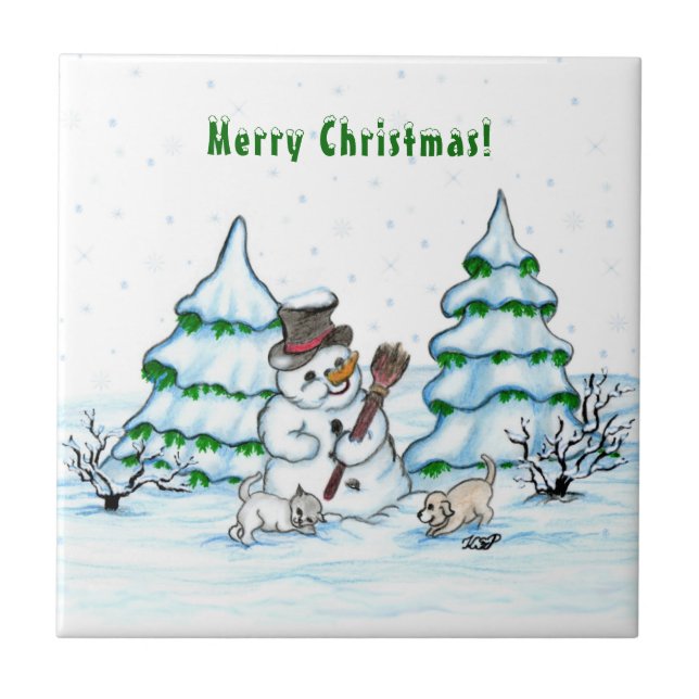 Merry Christmas! Snowman with Cat and Puppy Ceramic Tile (Front)