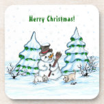 Merry Christmas! Snowman with Cat and Puppy Coaster<br><div class="desc">Merry Christmas! Snowman with Cat and Puppy - little Dog ~~~ coloured pencil drawing by Krisi ArtKSZP ~~~ Store Category >>> Merry Christmas for Kids >>> Snowman with Cat and Puppy</div>