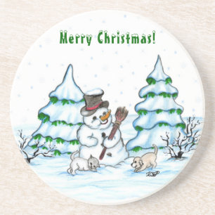 Merry Christmas! Snowman with Cat and Puppy Coaster