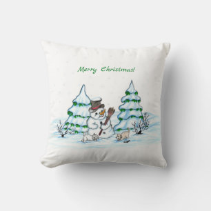 Merry Christmas! Snowman with Cat and Puppy Cushion