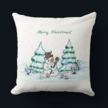 Merry Christmas! Snowman with Cat and Puppy Cushion<br><div class="desc">Merry Christmas! Snowman with Cat and Puppy - little Dog ~~~ coloured pencil drawing by Krisi ArtKSZP ~~~ Store Category >>> Merry Christmas for Kids >>> Snowman with Cat and Puppy</div>