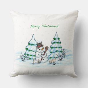 Merry Christmas! Snowman with Cat and Puppy Cushion