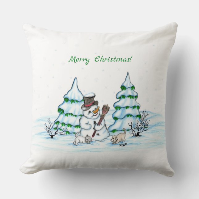 Merry Christmas! Snowman with Cat and Puppy Cushion (Front)