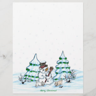 Merry Christmas! Snowman with Cat and Puppy Custom Letterhead