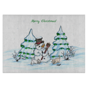 Merry Christmas! Snowman with Cat and Puppy Cutting Board