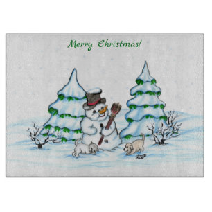 Merry Christmas! Snowman with Cat and Puppy Cutting Board