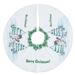 Merry Christmas! Snowman with Cat and Puppy Faux Linen Tree Skirt