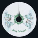 Merry Christmas! Snowman with Cat and Puppy Fleece Tree Skirt<br><div class="desc">Merry Christmas! Snowman with Cat and Puppy - little Dog ~~~ coloured pencil drawing by Krisi ArtKSZP ~~~ Store Category >>> Merry Christmas for Kids >>> Snowman with Cat and Puppy</div>