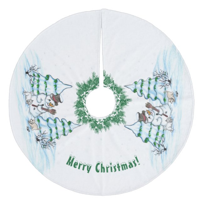 Merry Christmas! Snowman with Cat and Puppy Fleece Tree Skirt (Front)