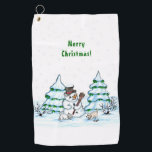 Merry Christmas! Snowman with Cat and Puppy Golf Towel<br><div class="desc">Merry Christmas! Snowman with Cat and Puppy - little Dog ~~~ coloured pencil drawing by Krisi ArtKSZP ~~~ Store Category >>> Merry Christmas for Kids >>> Snowman with Cat and Puppy</div>