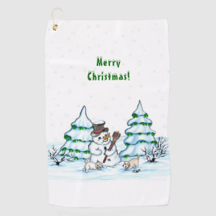 Merry Christmas! Snowman with Cat and Puppy Golf Towel