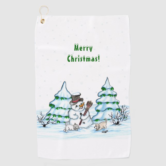 Merry Christmas! Snowman with Cat and Puppy Golf Towel (Front)