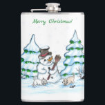 Merry Christmas! Snowman with Cat and Puppy Hip Flask<br><div class="desc">Merry Christmas! Snowman with Cat and Puppy - little Dog ~~~ coloured pencil drawing by Krisi ArtKSZP ~~~ Store Category >>> Merry Christmas for Kids >>> Snowman with Cat and Puppy</div>