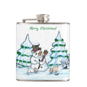 Merry Christmas! Snowman with Cat and Puppy Hip Flask