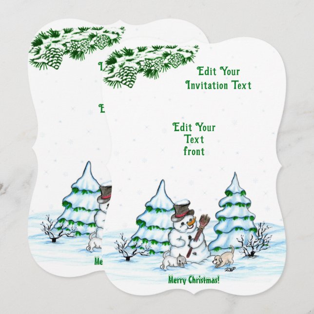 Merry Christmas! Snowman with Cat and Puppy Invita Invitation (Front/Back)