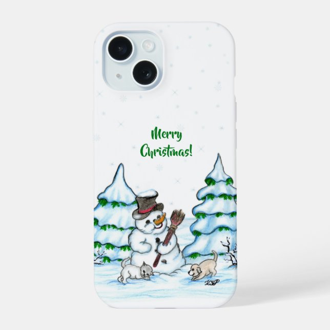 Merry Christmas! Snowman with Cat and Puppy iPhone 15 Case (Back)