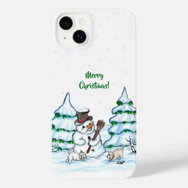 Merry Christmas! Snowman with Cat and Puppy iPhone Case (Back)