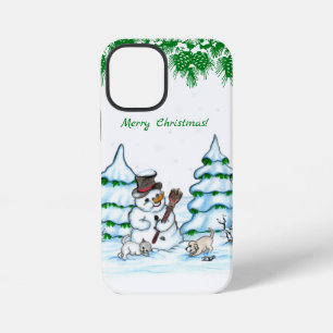 Merry Christmas! Snowman with Cat and Puppy iPhone 12 Mini Case