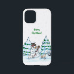 Merry Christmas! Snowman with Cat and Puppy iPhone 12 Mini Case<br><div class="desc">Merry Christmas! Snowman with Cat and Puppy - little Dog ~~~ colored pencil drawing by Krisi ArtKSZP ~~~ Store Category >>> Merry Christmas for Kids >>> Snowman with Cat and Puppy</div>