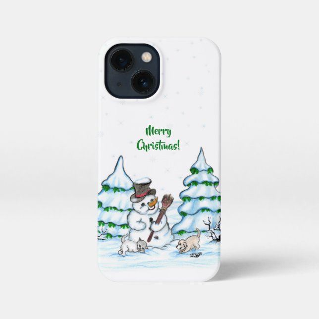 Merry Christmas! Snowman with Cat and Puppy iPhone Case (Back)