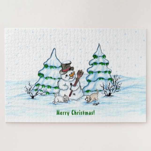 Merry Christmas! Snowman with Cat and Puppy Jigsaw Puzzle (Horizontal)
