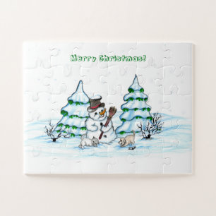 Merry Christmas! Snowman with Cat and Puppy Jigsaw Puzzle