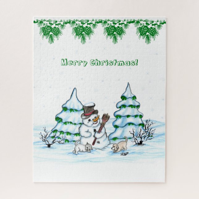 Merry Christmas! Snowman with Cat and Puppy Jigsaw Puzzle (Vertical)