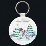 Merry Christmas! Snowman with Cat and Puppy Key Ring<br><div class="desc">Merry Christmas! Snowman with Cat and Puppy - little Dog ~~~ coloured pencil drawing by Krisi ArtKSZP ~~~ Store Category >>> Merry Christmas for Kids >>> Snowman with Cat and Puppy</div>