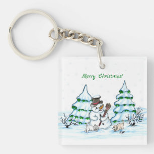 Merry Christmas! Snowman with Cat and Puppy Key Ring