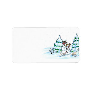 Merry Christmas! Snowman with Cat and Puppy Label