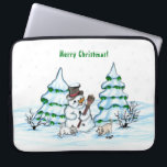 Merry Christmas! Snowman with Cat and Puppy Laptop Sleeve<br><div class="desc">Merry Christmas! Snowman with Cat and Puppy - little Dog ~~~ coloured pencil drawing by Krisi ArtKSZP ~~~ Store Category >>> Merry Christmas for Kids >>> Snowman with Cat and Puppy</div>