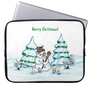 Merry Christmas! Snowman with Cat and Puppy Laptop Sleeve