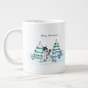 Merry Christmas! Snowman with Cat and Puppy Large Coffee Mug