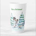 Merry Christmas! Snowman with Cat and Puppy Latte Mug<br><div class="desc">Merry Christmas! Snowman with Cat and Puppy - little Dog ~~~ coloured pencil drawing by Krisi ArtKSZP ~~~ Store Category >>> Merry Christmas for Kids >>> Snowman with Cat and Puppy</div>