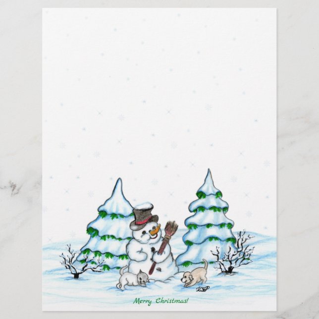 Merry Christmas! Snowman with Cat and Puppy Letter Custom Letterhead (Front)