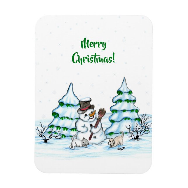 Merry Christmas! Snowman with Cat and Puppy Magnet (Vertical)