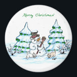 Merry Christmas! Snowman with Cat and Puppy Magnet<br><div class="desc">Merry Christmas! Snowman with Cat and Puppy - little Dog ~~~ coloured pencil drawing by Krisi ArtKSZP ~~~ Store Category >>> Merry Christmas for Kids >>> Snowman with Cat and Puppy</div>