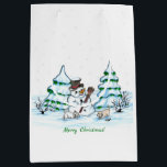Merry Christmas! Snowman with Cat and Puppy Medium Gift Bag<br><div class="desc">Merry Christmas! Snowman with Cat and Puppy - little Dog ~~~ coloured pencil drawing by Krisi ArtKSZP ~~~ Store Category >>> Merry Christmas for Kids >>> Snowman with Cat and Puppy</div>