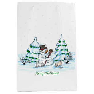 Merry Christmas! Snowman with Cat and Puppy Medium Gift Bag