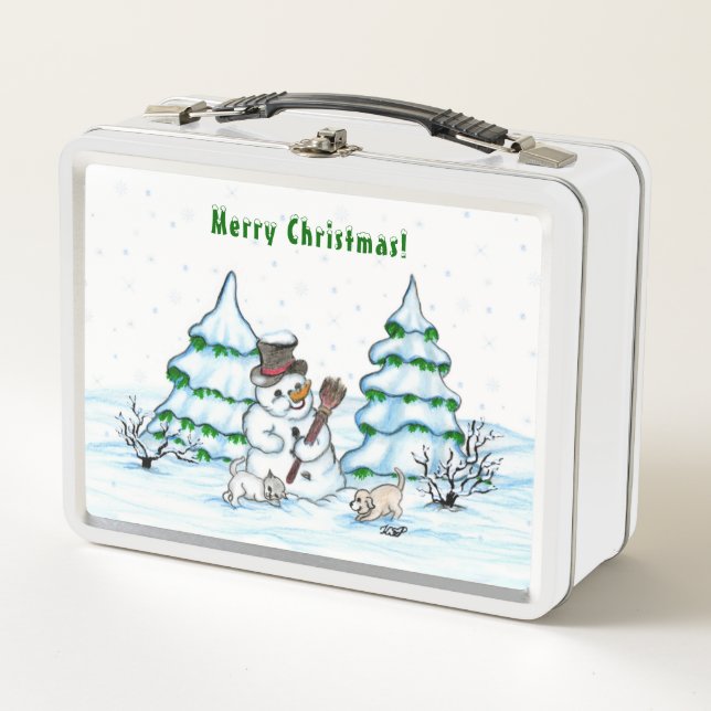 Merry Christmas! Snowman with Cat and Puppy Metal Lunch Box (Front)