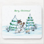 Merry Christmas! Snowman with Cat and Puppy Mouse Pad<br><div class="desc">Merry Christmas! Snowman with Cat and Puppy - little Dog ~~~ coloured pencil drawing by Krisi ArtKSZP ~~~ Store Category >>> Merry Christmas for Kids >>> Snowman with Cat and Puppy</div>